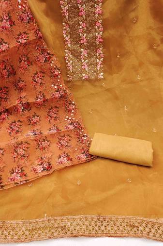 Women's yellow unstitched sequence embrodiery with designer digital print dupatta organza dress material (mt512ylw)