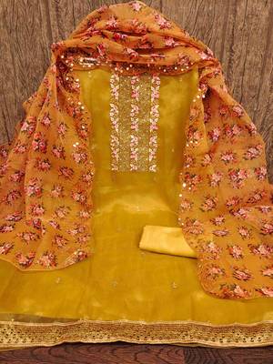 Women's yellow sequence embrodiery with designer digital print dupatta organza dress material 3