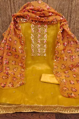 Women's yellow sequence embrodiery with designer digital print dupatta organza dress material