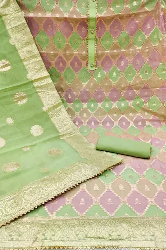 Women's green designer woven with jacquard dupatta organza jacquard dress material