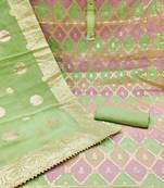 Women's green unstitched designer woven with jacquard dupatta organza jacquard dress material
