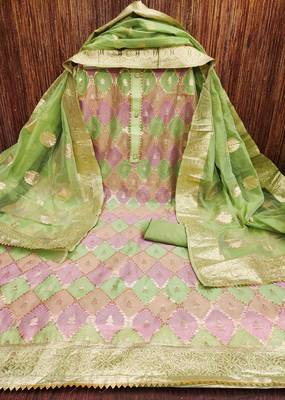 Women's green designer woven with jacquard dupatta organza jacquard dress material 3