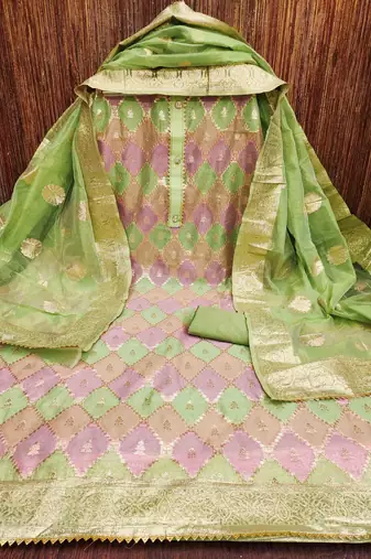 Women's green designer woven with jacquard dupatta organza jacquard dress material