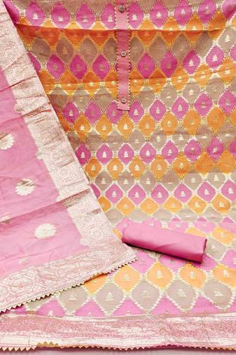 Women's pink unstitched designer woven with jacquard dupatta organza jacquard dress material 