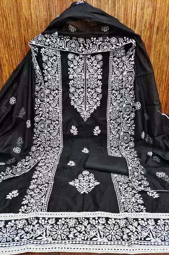 Women's black embrodiery with designer embroidered dupatta chanderi cotton dress material