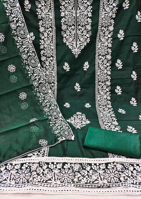 Women's green embrodiery with designer embroidered dupatta chanderi cotton dress material 2