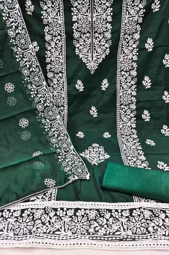 Women's green embrodiery with designer embroidered dupatta chanderi cotton dress material