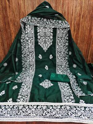 Women's green embrodiery with designer embroidered dupatta chanderi cotton dress material 3