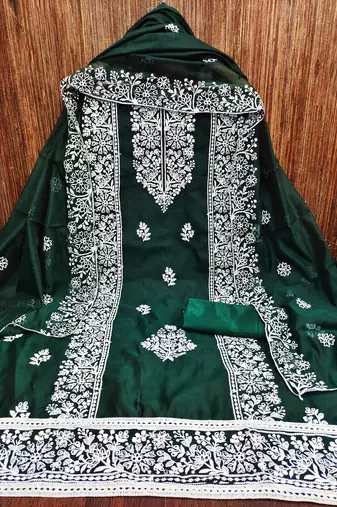Women's green embrodiery with designer embroidered dupatta chanderi cotton dress material