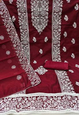 Women's maroon embrodiery with designer embroidered dupatta chanderi cotton dress material 2