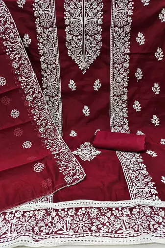 Women's maroon embrodiery with designer embroidered dupatta chanderi cotton dress material