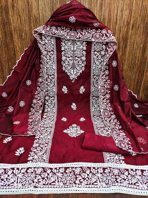 Women's maroon embrodiery with designer embroidered dupatta chanderi cotton dress material 3