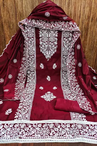 Women's maroon embrodiery with designer embroidered dupatta chanderi cotton dress material