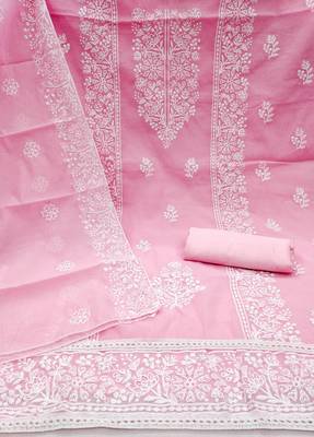 Women's pink embrodiery with designer embroidered dupatta chanderi cotton dress material 2