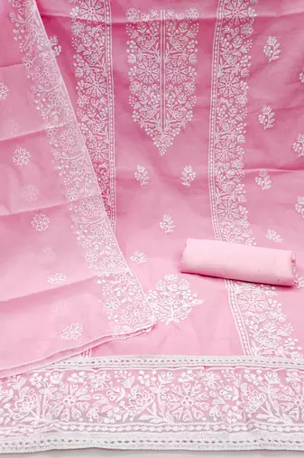 Women's pink embrodiery with designer embroidered dupatta chanderi cotton dress material