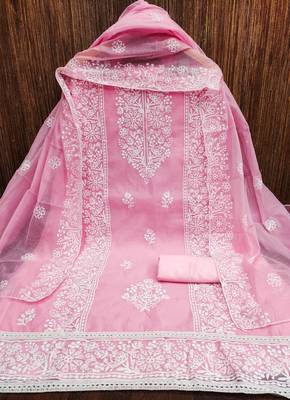 Women's pink embrodiery with designer embroidered dupatta chanderi cotton dress material 3