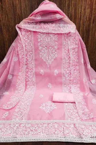 Women's pink embrodiery with designer embroidered dupatta chanderi cotton dress material