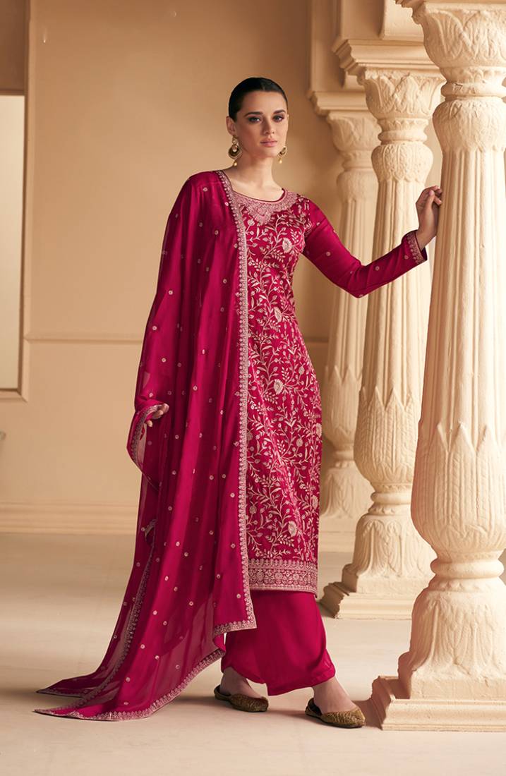 Rani pink color embroidered soft silk satin salwar suit