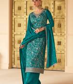 Turquoise color embroidered soft silk satin salwar suit