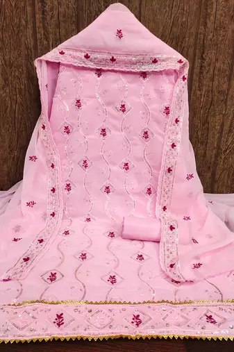 Women's pink unstitched  sequence embrodiery with designer embroidered dupatta georgette dress material (mtvrtpnk)
