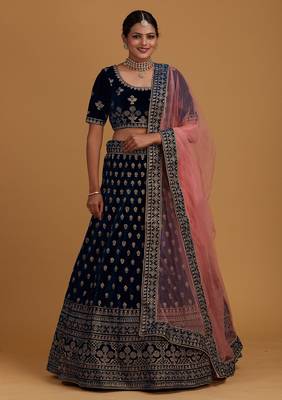 Modern  Velvet  Navy Blue Embroidery  Zari Work Bridal  Lehenga Choli 1