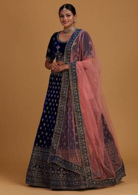 Modern  Velvet  Navy Blue Embroidery  Zari Work Bridal  Lehenga Choli 2