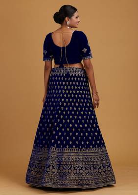Modern  Velvet  Navy Blue Embroidery  Zari Work Bridal  Lehenga Choli 3