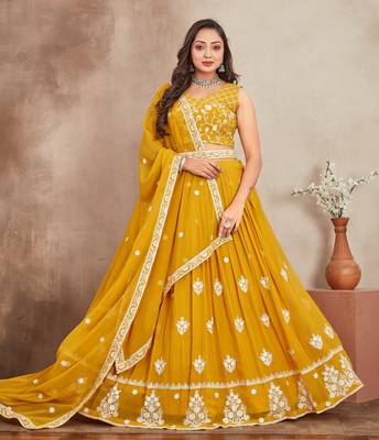 Mustard Yellow Thread And Sequins Embroidered Heavy Georgette Indian Wedding Lehenga Dress 5