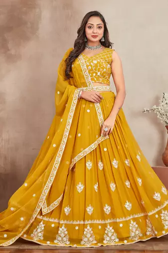 Mustard Yellow Thread And Sequins Embroidered Heavy Georgette Indian Wedding Lehenga Dress