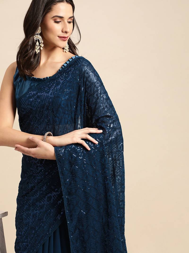 Blue Georgette With Sequence Work Saree