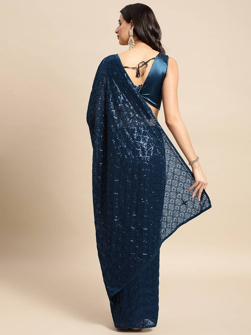 Blue Georgette With Sequence Work Saree