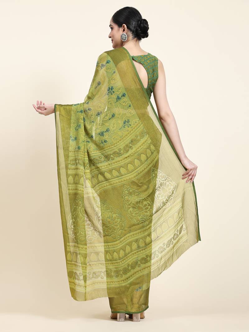 Janki-P.Green Printed Chiffon Art Sik Saree