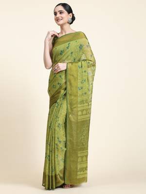 Janki-P.Green Printed Chiffon Art Sik Saree 3