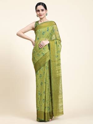 Janki-P.Green Printed Chiffon Art Sik Saree 5