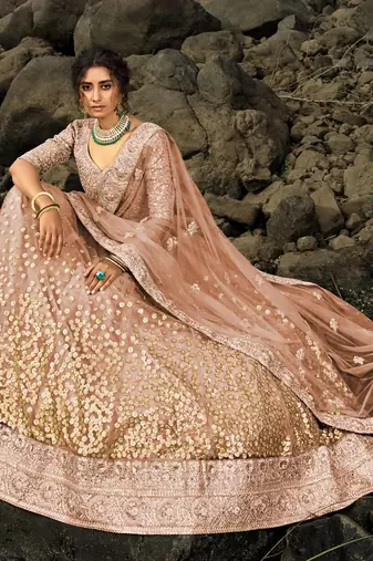Brown Dori And Sequins Embroidered Net Semi Stitched Lehenga Choli For Wedding