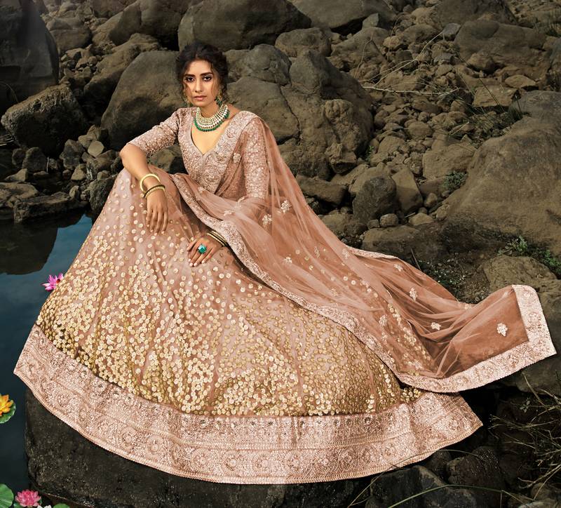 Brown Dori And Sequins Embroidered Net Semi Stitched Lehenga Choli For Wedding