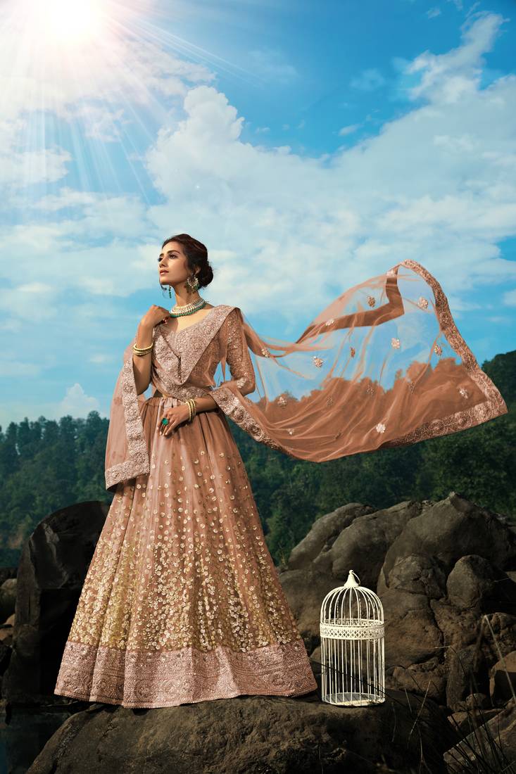 Brown Dori And Sequins Embroidered Net Semi Stitched Lehenga Choli For Wedding