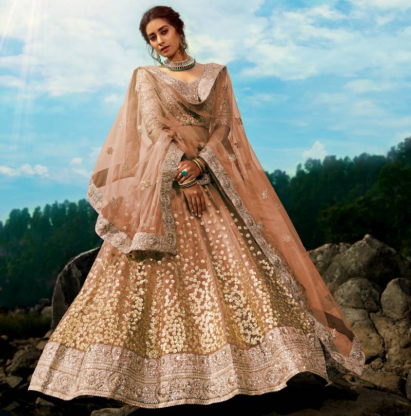 Brown Dori And Sequins Embroidered Net Semi Stitched Lehenga Choli For Wedding