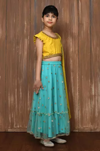 Yellow Embroidery Cotton_Silk A Line Lehenga Choli Dupatta