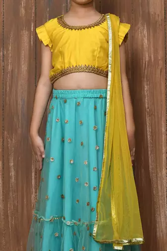 Yellow Embroidery Cotton_Silk A Line Lehenga Choli Dupatta