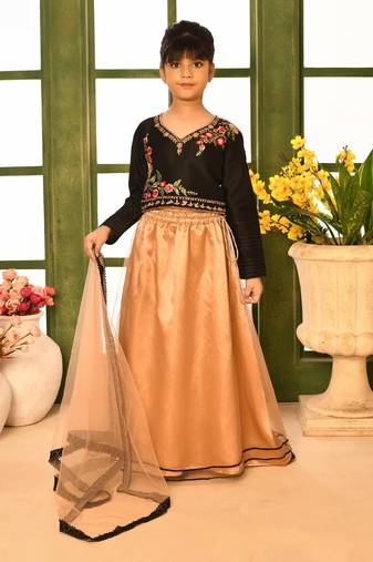 Black Embroidery Cotton_Silk A Line Lehenga Choli Dupatta