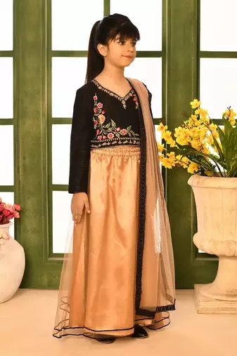 Black Embroidery Cotton_Silk A Line Lehenga Choli Dupatta