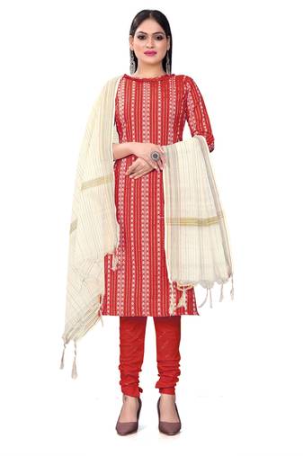 Red Colour Ethnic Salwaar Kameez In Cotton Fabric