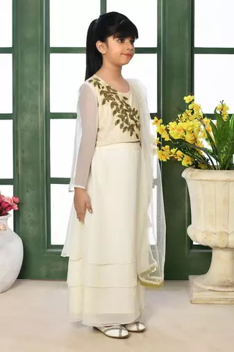 Cream Embroidery Cotton_Silk A Line Lehenga Choli Dupatta