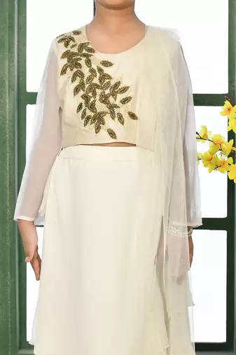 Cream Embroidery Cotton_Silk A Line Lehenga Choli Dupatta