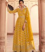 Heavy Anarkali Dress With Elegant Zari Work In Yellow Colour