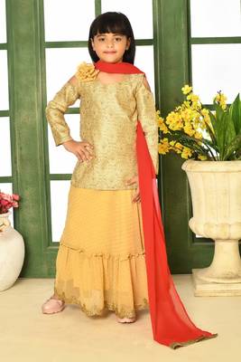 Gold Embroidery Jacquard A Line Lehenga Choli Dupatta 1