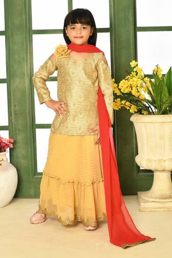 Gold Embroidery Jacquard A Line Lehenga Choli Dupatta