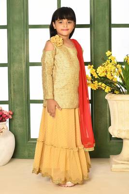Gold Embroidery Jacquard A Line Lehenga Choli Dupatta 2
