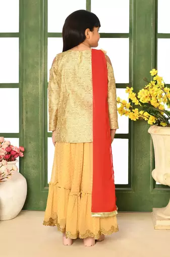 Gold Embroidery Jacquard A Line Lehenga Choli Dupatta